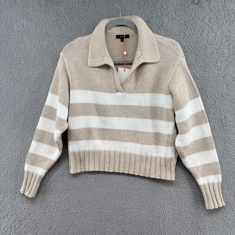 Quince Cream and White Striped V-Neck Sweater - Picture 7 of 15